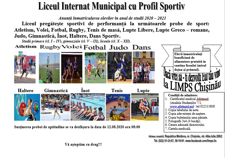 Dacă vrei să-ți dezvolți Eul tău, vino la Liceul Internat Municipal cu Profil Sportiv
